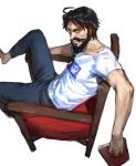  1boy absurdres armchair barefoot beard black_hair blue_pants book chair edward_teach_(fate/grand_order) facial_hair fate/grand_order fate_(series) from_side highres holding holding_book looking_at_viewer male_focus mustache pants shirt short_sleeves solo treeware white_shirt 