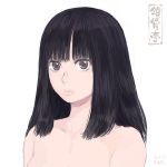  1girl artist_logo black_hair brown_eyes closed_mouth greyscale long_hair looking_at_viewer monochrome nude original shu-mai simple_background solo upper_body white_background 