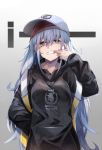  1girl backpack bag bandana black_hoodie blue_hair earrings finger_to_mouth g11_(girls_frontline) girls_frontline grey_eyes hat highres hood hoodie jewelry long_hair looking_at_viewer miyabino_(miyabi1616) open_mouth simple_background solo 