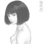  1girl artist_logo bob_cut breasts closed_mouth from_side greyscale large_breasts looking_at_viewer looking_to_the_side monochrome nipples nude original short_hair shu-mai simple_background solo white_background 
