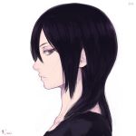  1girl black_hair black_shirt brown_eyes closed_mouth color_guide copyright_request from_side hair_between_eyes looking_at_viewer looking_to_the_side portrait profile shirt shu-mai sideways_glance simple_background solo white_background 