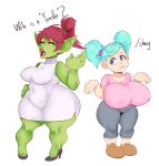  absurd_res big_breasts breast_size_difference breasts clothing dialogue duo female footwear goblin green_body green_skin hand_on_hip hi_res high_heels huge_breasts humanoid not_furry shoes short_stack simple_background sundown_(artist) thick_thighs white_background wide_hips 