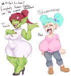  absurd_res big_breasts bodily_fluids breast_size_difference breasts clothed clothing dialogue duo english_text female footwear goblin green_body green_skin hi_res high_heels huge_breasts humanoid not_furry sharp_teeth shoes short_stack simple_background sundown_(artist) tears teeth text thick_thighs white_background wide_hips 