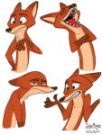  2018 3:4 anthro brown_body brown_fur canid canine disney fangs fox fur hi_res johnmigleart laugh mammal multiple_poses nick_wilde open_mouth open_smile pose red_fox sharp_teeth simple_background smile solo teeth tongue white_background zootopia 