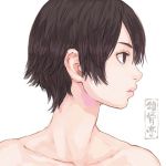  1girl artist_logo brown_eyes brown_hair closed_mouth collarbone looking_to_the_side nude original short_hair shu-mai simple_background solo white_background 