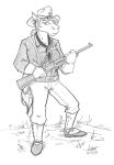  2020 anthro boots bottomwear carbine_(gun) clothing equid equine female footwear gloves greyscale handwear hat headgear headwear holding_object holding_weapon horse looking_at_viewer mammal monochrome neckerchief outside pants ranged_weapon red_shetland simple_background solo spats spurs standing uniform weapon 