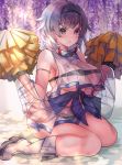  1girl azur_lane black_hairband blue_collar breasts cheerleader collar commentary_request eagle_union_(emblem)_(azur_lane) eyebrows_visible_through_hair from_side hairband highres holding_pom_poms large_breasts looking_at_viewer open_mouth parted_hair pom_poms reno_(azur_lane) reno_(biggest_little_cheerleader)_(azur_lane) see-through_skirt sheer_clothes shibaebi_(yasaip_game) short_hair sitting skirt solo two-tone_skirt 
