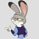  1:1 2018 anthro clothed clothing dipstick_ears disney finger_gun fur gesture grey_background grey_body grey_fur hi_res johnmigleart judy_hopps lagomorph leporid mammal multicolored_ears pink_nose purple_eyes rabbit simple_background smile solo zootopia 