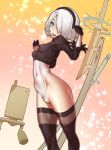  1girl black_footwear black_gloves black_hairband black_legwear blue_eyes boots breasts drone feather-trimmed_sleeves floating_swords gloves hairband highleg highleg_leotard highres hip_focus huge_weapon leotard nier_(series) nier_automata no_blindfold petite pod_(nier_automata) shrug_(clothing) silver_hair skin_tight small_breasts smile solo_focus sword thigh_boots thighhighs thighhighs_under_boots thighs tomoyuki_kotani virtuous_contract virtuous_treaty weapon white_leotard yorha_no._2_type_b 