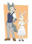  2020 anthro beastars bottomwear canid canine canis clothed clothing duo footwear fully_clothed fur grey_body grey_fur haru_(beastars) hi_res johnmigleart lagomorph legoshi_(beastars) leporid looking_at_another mammal rabbit shoes simple_background skirt standing white_body white_fur wolf 