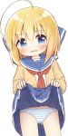 1girl ahoge ass_visible_through_thighs ayanepuna bangs blonde_hair blue_bow blue_eyes blue_sailor_collar blue_skirt blush bow brown_cardigan cardigan commentary_request eyebrows_visible_through_hair hair_between_eyes hair_bow highres lifted_by_self long_sleeves looking_at_viewer neckerchief open_cardigan open_clothes original panties parted_lips pleated_skirt red_neckwear sailor_collar shirt simple_background skirt skirt_lift sleeves_past_wrists solo striped striped_panties sweat underwear wavy_mouth white_background white_shirt 