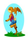  3_toes 5_fingers anthro bat_wings clothing digimon digimon_(species) digital_media_(artwork) female fingers flat_chested grass green_eyes happy head_wings hi_res looking_back mammal membrane_(anatomy) membranous_wings orange_body patamon reycovert small_tail smile solo standing toes wings 