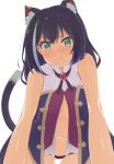  1girl all_fours animal_ear_fluff animal_ears ass_visible_through_thighs bangs bare_arms bare_shoulders black_hair black_panties blush bow bow_panties cat_ears cat_girl cat_tail closed_mouth commentary_request eyebrows_visible_through_hair green_eyes hair_between_eyes hinata_masaki kyaru_(princess_connect) long_hair looking_at_viewer multicolored_hair navel no_pants open_clothes panties princess_connect! princess_connect!_re:dive shirt simple_background sleeveless sleeveless_shirt solo streaked_hair tail underwear v-shaped_eyebrows very_long_hair wavy_mouth white_background white_hair white_shirt 
