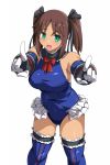  1girl alice_gear_aegis blue_legwear blue_leotard breasts brown_hair cosplay dark_skin dead_or_alive frilled_legwear frilled_leotard frills green_eyes highres kaneshiya_sitara large_breasts leotard long_hair looking_at_viewer marie_rose marie_rose_(cosplay) open_mouth pointing pointing_at_viewer simple_background smile solo thighhighs twintails white_background yukitaka 