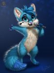  anthro blue_body blue_eyes blue_fur canid canine chibi female fluffy fluffy_tail fox fur hi_res looking_at_viewer mammal melody_forte microphone open_mouth singing solo vestina 