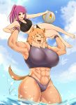  2020 abs airisubaka animal_humanoid biceps big_breasts breasts canid canid_humanoid canine canine_humanoid carrying clothed clothing dog_humanoid duo eyes_closed felicia_(krekk0v) female hair hi_res human humanoid mammal mammal_humanoid muscular muscular_female partially_submerged purple_hair water 