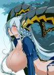  1girl blue_choker blue_hair blush braid breasts breasts_outside choker commentary_request dragon_girl dragon_horns fate/grand_order fate_(series) hair_between_eyes hanging_breasts horns huge_breasts leaning_forward long_hair long_horns long_sleeves nipples qianbi_he red_eyes shrug_(clothing) side_braid sidelocks solo symbol-shaped_pupils tiamat_(fate/grand_order) very_long_hair x_x 