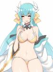  1girl anoshabu aqua_hair bangs bare_shoulders bikini blush bow breasts cleavage collarbone dragon_horns fate/grand_order fate_(series) horns japanese_clothes kimono kiyohime_(fate/grand_order) kiyohime_(swimsuit_lancer)_(fate) large_breasts long_hair long_sleeves looking_at_viewer low_twintails multiple_horns navel off_shoulder open_clothes open_kimono open_mouth simple_background smile solo swimsuit twintails very_long_hair white_background white_kimono yellow_bikini yellow_bow yellow_eyes 