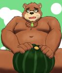 2020 anthro belly blush brown_body brown_fur eyewear food fur glasses hi_res humanoid_hands male mammal moobs navel overweight overweight_male solo tokyo_afterschool_summoners ursid video_games volos yaki_atsuage 