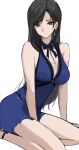 1girl bare_arms bare_legs blue_dress breasts brown_eyes brown_hair cleavage crescent crescent_earrings dress earrings final_fantasy final_fantasy_vii final_fantasy_vii_remake highres jewelry large_breasts long_hair looking_at_viewer neck_ribbon purple_dress ribbon rrr_ato seiza short_dress sitting smile solo tifa_lockhart 