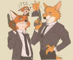  2020 anthro black_nose canid canine clothed clothing disney fox fur group gun handgun japanese_text male mammal nick_wilde ranged_weapon robin_hood robin_hood_(disney) simple_background text translated uochandayo weapon zootopia 