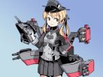  1girl adapted_turret adrian_ferrer alternate_breast_size anchor_hair_ornament aqua_eyes black_skirt blonde_hair blue_background breasts cannon commentary cowboy_shot english_commentary gloves gradient gradient_background hair_ornament hat kantai_collection long_hair low_twintails machinery microskirt military military_hat military_uniform mixed-language_commentary peaked_cap pleated_skirt prinz_eugen_(kantai_collection) skirt small_breasts smile solo turret twintails uniform white_gloves 
