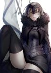  1girl ahoge anoshabu armor armored_dress bangs black_armor black_dress black_legwear breasts cape chain dress fate/grand_order fate_(series) flag fur-trimmed_cape fur_collar fur_trim gauntlets headpiece jeanne_d&#039;arc_(alter)_(fate) jeanne_d&#039;arc_(fate)_(all) knee_up large_breasts looking_at_viewer open_mouth short_hair silver_hair sitting smile solo thighhighs thighs yellow_eyes 