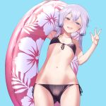  1girl bangs bikini black_bikini blue_background blush breasts eyebrows_visible_through_hair holding holding_innertube innertube mochi_(mochi444420) open_mouth purple_eyes purple_hair short_hair_with_long_locks simple_background small_breasts solo sweat swimsuit v vocaloid voiceroid yuzuki_yukari 