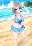  1girl absurdres barefoot beach bikini bikini_skirt blue_bikini blue_eyes blue_sky breasts cleavage cloud collarbone commentary_request day frilled_bikini frills full_body grey_hair highres horizon looking_at_viewer love_live! love_live!_school_idol_project love_live!_sunshine!! medium_breasts mountain ocean oosato_haya outdoors salute sand short_hair sky solo standing swimsuit watanabe_you 