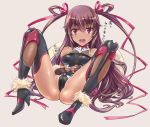  1girl absurdres ass black_gloves breasts brown_hair dark_skin elbow_gloves fingerless_gloves fishnets full_body gloves happy high_heels highres leotard long_hair mizuki_yukikaze open_mouth purple_eyes sitting smile solo suzuki24 taimanin_(series) taimanin_yukikaze twintails very_long_hair 