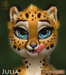  anthro blue_eyes cheetah chibi felid feline female fluffy fluffy_hair fur furry_rome hair hi_res julia_(vestina) licking licking_lips looking_at_viewer mammal open_mouth solo spots spotted_body spotted_fur tongue tongue_out vestina 