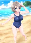  1girl absurdres barefoot beach blue_eyes blue_sky blue_swimsuit breasts cloud collarbone commentary_request competition_swimsuit day full_body grey_hair highres horizon looking_at_viewer love_live! love_live!_school_idol_project love_live!_sunshine!! medium_breasts mountain ocean one-piece_swimsuit oosato_haya outdoors salute sand short_hair sky solo standing swimsuit watanabe_you 