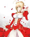  1girl ahoge anoshabu bangs blonde_hair blush braid breasts cleavage closed_mouth dress epaulettes fate/extra fate_(series) french_braid gradient gradient_background green_eyes hair_bun hair_intakes highres large_breasts long_hair long_sleeves looking_at_viewer nero_claudius_(fate) nero_claudius_(fate)_(all) petals red_dress rose_petals see-through smile solo 