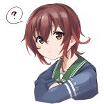  1girl ? blue_jacket brown_hair character_name commentary_request gradient_hair green_sailor_collar highres hood hooded_jacket hoodie jacket kantai_collection looking_at_viewer minosu multicolored_hair mutsuki_(kantai_collection) red_hair remodel_(kantai_collection) sailor_collar school_uniform serafuku short_hair simple_background solo spoken_question_mark upper_body white_background 