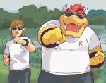  anthro bowser clothed clothing duo elf eyewear fully_clothed garouzuki grass humanoid koopa lake link male mario_bros matching_clothes matching_clothing matching_outfits nintendo open_mouth punching reptile scalie shirt sunglasses the_legend_of_zelda topwear video_games white_clothing white_shirt white_topwear 