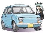  1girl anchovy_(girls_und_panzer) anzio_school_uniform bangs belt black_cape black_footwear black_neckwear black_ribbon blue_skirt cape car commentary_request dress_shirt drill_hair eyebrows_visible_through_hair fiat_126 girls_und_panzer green_hair ground_vehicle hair_ribbon hand_on_own_chin loafers long_hair long_sleeves miniskirt motor_vehicle necktie pantyhose pleated_skirt red_eyes ribbon school_uniform shirt shoes simple_background skirt solo standing sweatdrop thinking twin_drills twintails uona_telepin white_background white_legwear white_shirt 