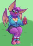  absurd_res anthro beverage big_breasts big_ears bodily_fluids bottomwear breasts chiropteran cleavage clothed clothing curvy_figure cute_fangs fangs female gesture green_eyes hair hi_res huge_breasts jacket joelasko laylee looking_at_viewer mammal pinky_out playtonic_games purple_body red_nose shorts sitting smile solo solo_focus sweat thick_thighs topwear video_games voluptuous wings yooka-laylee 
