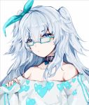  1girl bare_shoulders black_choker blue-framed_eyewear blue_eyes blue_nails blue_ribbon breasts choker cleavage egami+ girls_frontline glasses hair_between_eyes hair_ribbon hand_up heart heart-shaped_pupils heart_necklace heart_print long_hair long_sleeves looking_at_viewer pa-15_(girls_frontline) parted_lips ribbon shirt silver_hair solo symbol-shaped_pupils upper_body white_shirt 