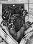  5_fingers breaking breaking_in canid canine claw_marks claws doorframe fingers full_moon group hinge kyoht_luterman mammal monochrome moon night roaring screws sharp_teeth teeth were werecanid werecanine werewolf white_eyes wood 