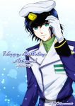  1boy athrun_zala blue_hair character_name gloves green_eyes gundam gundam_seed gundam_seed_destiny happy_birthday hat light_smile military military_hat military_uniform parubinko peaked_cap uniform white_gloves 