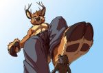  anthro antlers barefoot brown_body brown_fur cervid clothing cloven_hooves duo foot_shot fur hooves horn low-angle_view male male/male mammal simple_background tirrel tirrel_(character) worm&#039;s-eye_view 