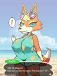  ! animal_crossing anthro audie_(animal_crossing) beach big_breasts breasts canid canine canis clothing english_text female hi_res lollipopcon looking_at_viewer mammal nintendo nipple_outline seaside solo text video_games water wolf 