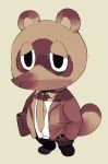  2020 animal_crossing anthro bottomwear brown_body brown_fur canid canine chibi clothing fur kemono mammal masshiro necktie nintendo pants raccoon_dog shirt simple_background slightly_chubby solo tanuki tom_nook_(animal_crossing) topwear video_games 