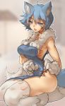  1girl animal_ears blue_hair blush eyebrows_visible_through_hair facial_mark fur-trimmed_gloves fur_trim gloves gruntfrostwolf highres naked_tabard open_mouth original short solo tabard tail thighhighs wolf_ears wolf_girl wolf_tail 