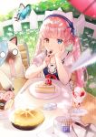  1girl absurdres bug butter butterfly cake doughnut eksistere_kyrenia flower food girl_cafe_gun heterochromia highres hum_(ten_ten) insect pink_hair rose rubik&#039;s_cube stuffed_animal stuffed_cat stuffed_toy yellow_flower yellow_rose 