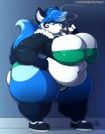  anthro belly big_belly big_breasts big_butt blue_body blue_hair bottomwear breasts butt canid canine clothing deep_navel female fox hair hotpants huge_breasts jacket looking_at_viewer mammal midriff navel nekocrispy obese obese_female overweight overweight_female short_hair shorts smoking solo thick_thighs tight_clothing topwear tube_top unusual_coloring 