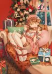  1girl bare_shoulders bell box brown_eyes brown_hair capelet character_request christmas christmas_tree couch feet full_body gift gift_box girl_cafe_gun hat hei_yan-m82a1 highres merry_christmas no_shoes red_capelet ribbon santa_costume santa_hat short_hair solo thighhighs toes white_legwear 