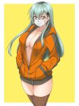  1girl aqua_hair border breasts cleavage collarbone green_eyes hair_between_eyes hair_ornament hairclip hands_in_pockets hood hoodie kantai_collection large_breasts legwear long_hair mask mikagami_sou mouth_mask navel no_bra open_clothes open_hoodie orange_hoodie outside_border sidelocks simple_background solo straight_hair suzuya_(kantai_collection) thighhighs upper_body white_border yellow_background 