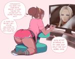  1girl artist_self-insert ass bent_over bored cameo casual commentary controller copyright_request dark_persona dark_skin english_commentary english_text from_behind game_controller gamepad glasses gold_hairband hair_bun hairband highres kneeling nyantcha pink_shirt pink_shorts playing_games real_life shirt short_hair short_shorts shorts socks speech_bubble t-shirt television thighs tsona_(nyantcha) updo 