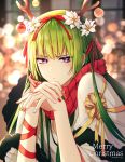  1boy androgynous antlers arm_ribbon bangs blurry blurry_background closed_mouth ede enkidu_(fate/strange_fake) fate/strange_fake fate_(series) flower frown green_hair green_nails hair_flower hair_ornament hair_ribbon highres long_hair looking_at_viewer merry_christmas multicolored multicolored_nails nail_polish otoko_no_ko plaid plaid_scarf purple_eyes red_nails red_ribbon red_scarf reindeer_antlers ribbon scarf shiny shiny_hair solo twitter_username very_long_hair white_flower yellow_ribbon 